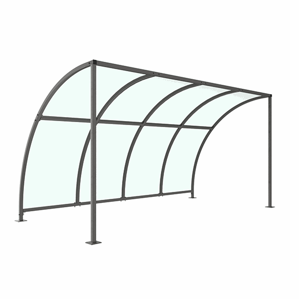This Leyton Bicycle Shelter offers a highly cost-effective solution for cycle storage in commercial applications. Constructed from galvanised mild steel, this cycle shelter is available in sizes ranging from 1 metre to 5 metres, with additional extension bays available, also in these sizes. View extension bays here.
Complete with a 4mm PETG clear sheet curved roof.