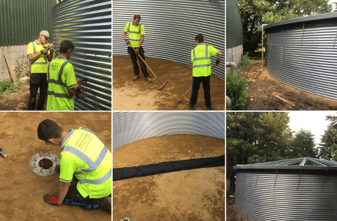 Large galvanised steel water tank used to irrigate golf course