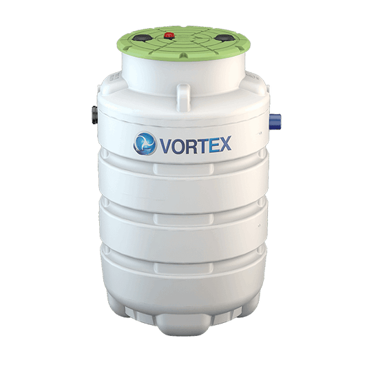 This 4 person Vortex sewage treatment plant is supplied with a pumped outlet. Suitable for use of up to 4 people, this sewage system does not rely on gravity to pump treated wastewater to its final discharge area.

It is rotationally moulded, and includes an alarm on the lid to signal air blower failure. This treatment plant is ideal for areas with a high water table.