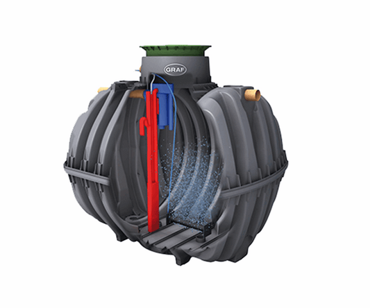 The 7 person One2Clean Plus sewage treatment plant range by Graf provides an effluent discharge rate with up to 99% efficiency. Available with a pedestrian or vehicle loading lid, this sewage treatment plant can be installed in a wide number of applications for both domestic and commercial use. It has automatic holiday mode as a feature, which is triggered by under load detection. This tank also has a low energy consumption, as the average use is just 46 kWh per person, per year.