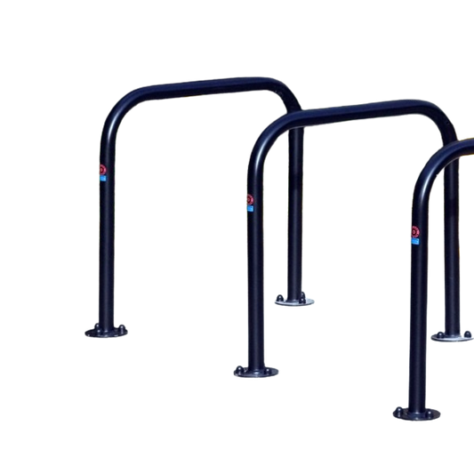 This Sheffield Cycle Stand is made from mild galvanised steel, with a black coated finish. Available in both concrete in and bolt down fixtures, this cycle stand can be used in many different applications. These include transport hubs, public parks, workplaces and schools.

Its innovative tubular design allows bikes to be secured by the frame, wheels and forks. The 48mm diameter tube size allows for most bike locks to be fitted with ease.