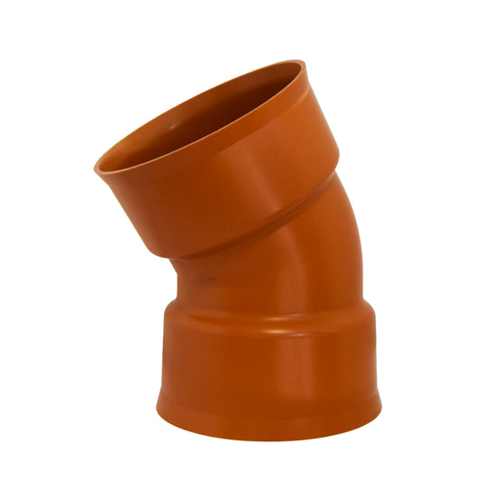 225mm MetroSewer bends provide durable directional changes in foul water sewer systems. SN8-rated polypropylene fittings in 15°, 30°, 45°, and 90° angles.